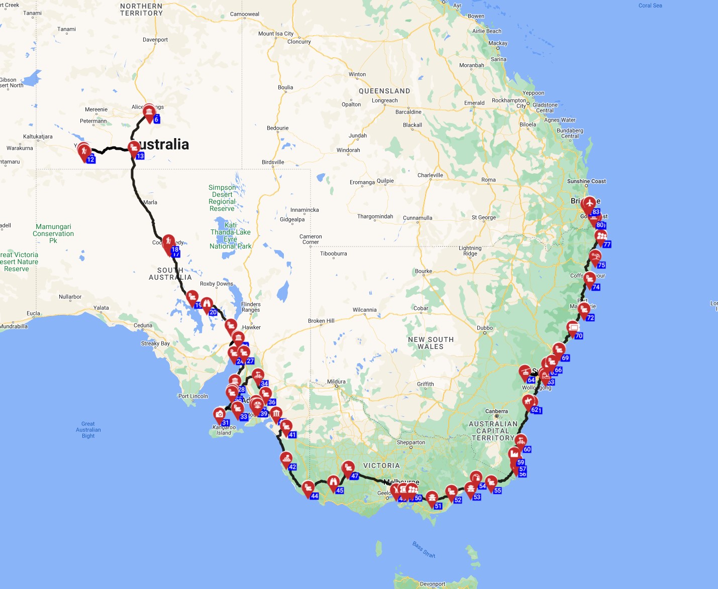 Map for Alice Springs to Brisbane - A Journey of Outback Wonders and Coastal Charms
